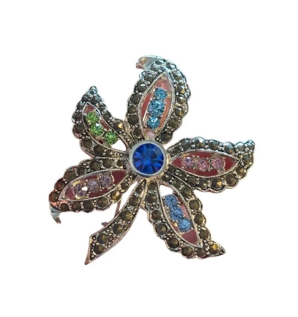 Vintage Marcasite Style Rhinestone Flower Brooch Blue Pink Enamel Floral Pin
